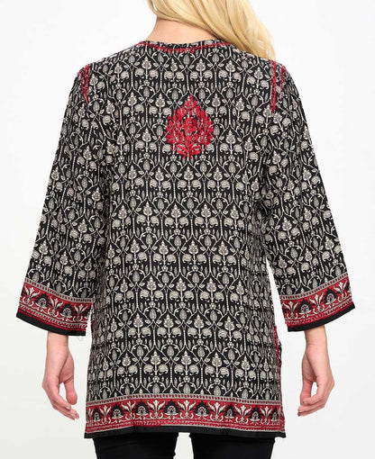 Black and White Tunic With Red Hand Embroidery