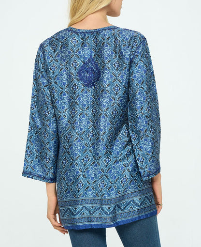 Blue Geometry Tunic With Hand Embroidery